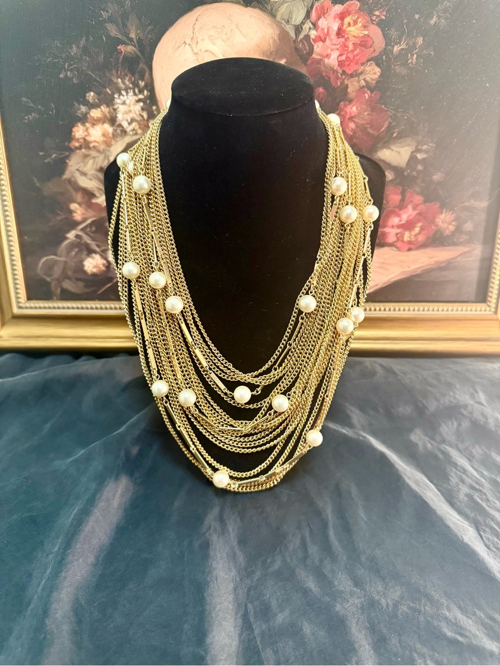 Vintage Gold Toned Multistrand Faux Pearl Necklace with Ornate Floral Box Clasp